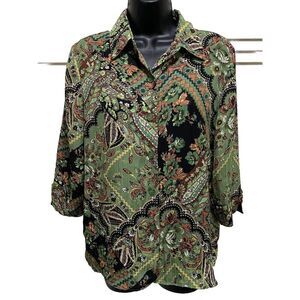 Sarah Bentley Chiffon Floral Button Up Blouse Green/Black Sheer Size S 3/4 Sleev